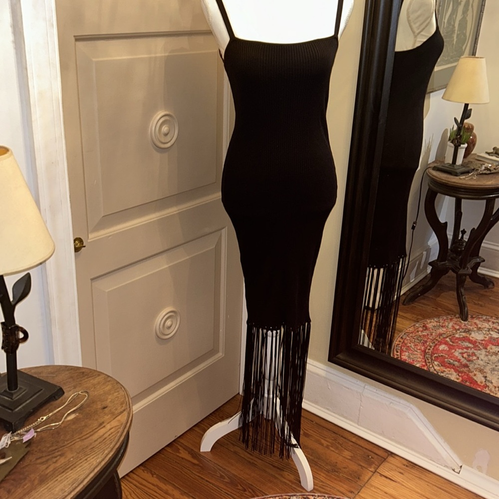 RARE ZARA Sz S gorgeous, black stretch column maxi tank dress with long fringe